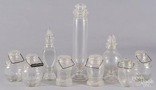 Six colorless glass food jars, ca. 1900, with threaded glass lids and bail handles
