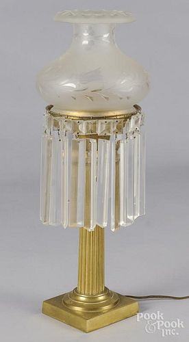 Brass astral lamp, 19th c., with an etched and frosted shade, 20 1/2'' h.