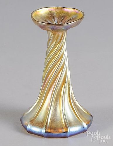 Tiffany favrile art glass candlestick, signed LCT on base, 7'' h.
