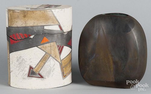 Two pieces of studio pottery, to include an Evans Raku vase, 10 1/2'' h. and 11 1/4'' h.