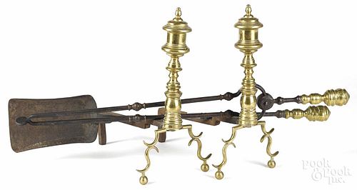 Pair of Federal brass andirons, 19th c., 16'' h., together with a shovel and tongs.