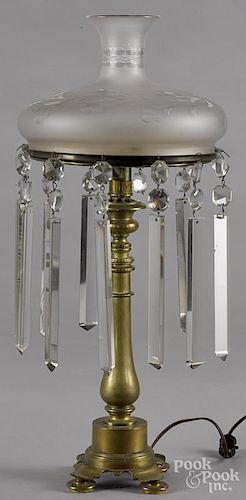 Brass astral lamp, 19th c., with an etched and frosted shade, 25'' h.