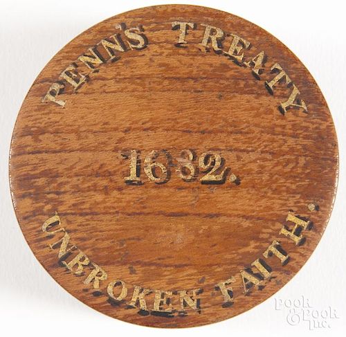 Painted Penn's Treaty 1682 Unbroken Faith elm trinket box, with Roberts Vaux ink inscription, dated