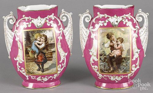 Pair of porcelain mantel vases, ca. 1900, probably French, with transfer scenes of children