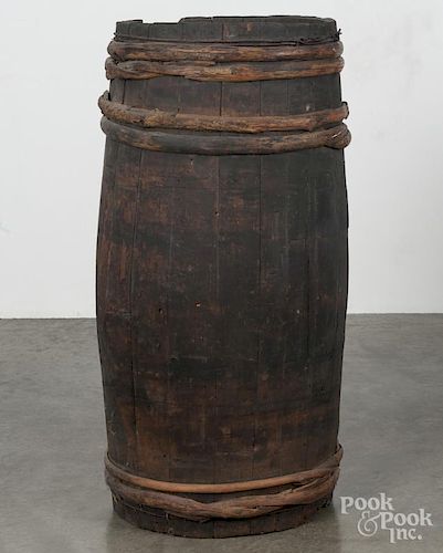 Primitive oak wood staved barrel, 19th c., 37 1/2'' h.