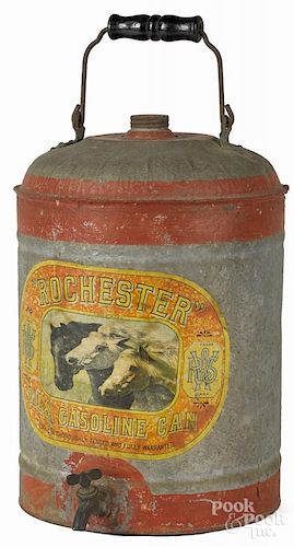 Rochester Oil & Gasoline oil can, 20th c., 19'' h., together with a paper label biscuit tin
