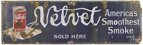 Velvet Tobacco enameled porcelain advertising sign, 19th c., 12'' x 39''.