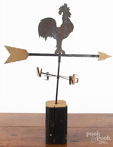 Painted sheet iron and zinc rooster weathervane, mid 20th c., 35'' h.