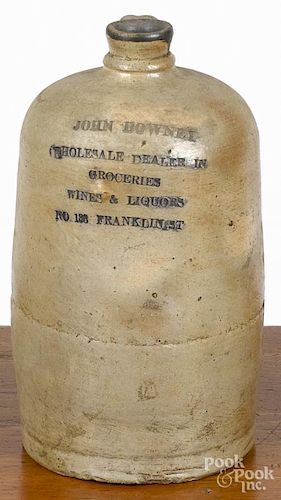 Baltimore stoneware jug, 19th c., stamped John Downey - Wholesale Dealer in Groceries - Wines