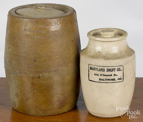 Two Baltimore, Maryland stoneware jars, 19th c., one inscribed Maryland Sweet Snuff Co., 6 1/2'' h.