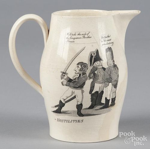 English transfer decorated pitcher, 19th c., depicting The Governor of Europe Stopped in his Career