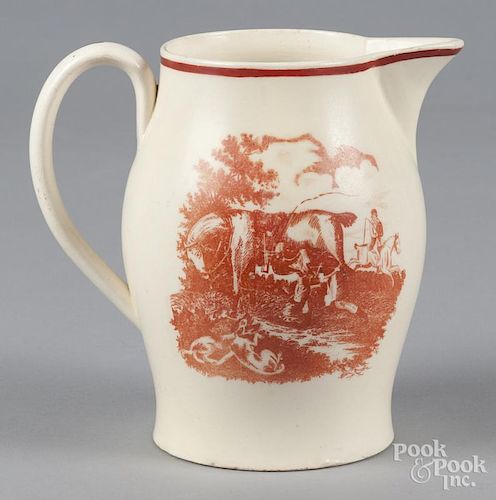 English transfer decorated pitcher, 19th c., depicting The Tythe Pig, the reverse with a farm scene