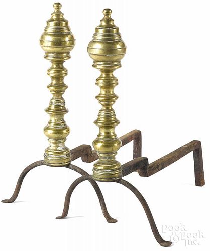 Pair of Federal brass andirons, 19th c., with wrought iron penny feet, 15 3/4'' h.