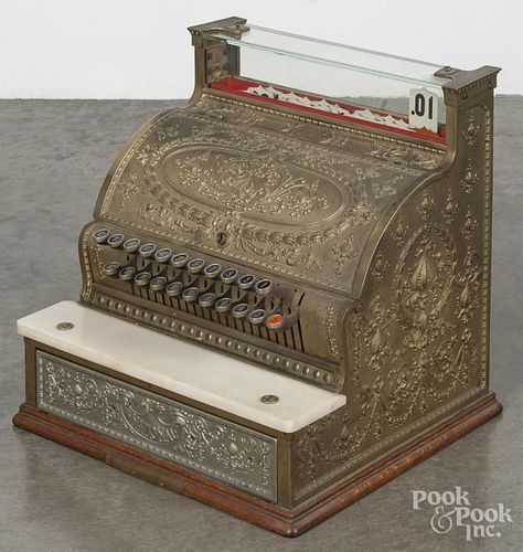 Brass National cash register, ca. 1900, model 332, 17'' h., 17'' w.