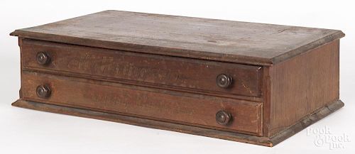 Willimantic mahogany two-drawer spool cabinet, ca. 1900, 6 1/2'' h., 24'' w.