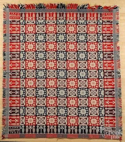 Pennsylvania or Maryland jacquard coverlet, inscribed R. Kirk woven in 1845, 98'' x 84''.
