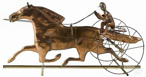 Reproduction swell-bodied copper horse and sulky weathervane, 30'' l.