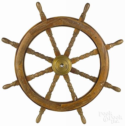 Brass and mahogany ship's wheel, ca. 1900, 35'' dia.