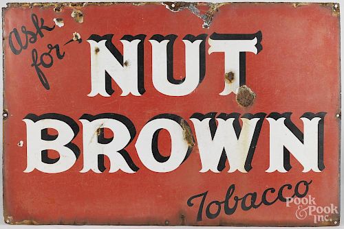 Porcelain advertising Nut Brown Tobacco sign, ca. 1900, 20'' x 30 1/2''.