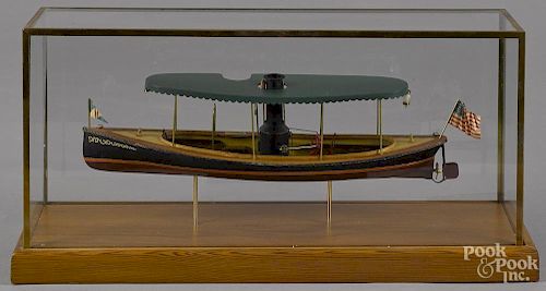 Contemporary steam boat model in a case, 9'' h., 18'' w.