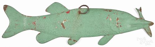 Painted tin fish sign, early 20th c., having a bait fish in its mouth