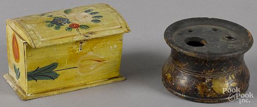 Scandinavian painted pine trinket box, 19th c., with tulip decoration, 2 3/4'' h., 4'' w.