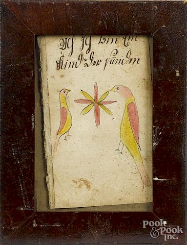 Pennsylvania ink and watercolor bookplate, early 19th c., of two birds, 6 1/4'' x 4''.