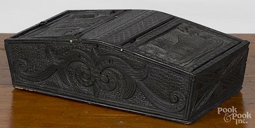 Continental carved bogwood sewing box, 19th c., with castle scenes on double lift lids, 2 1/2'' h.