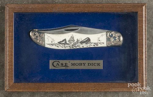 Case Moby Dick scrimshaw folding pocket knife, with its original hanging display box, box - 8'' w.