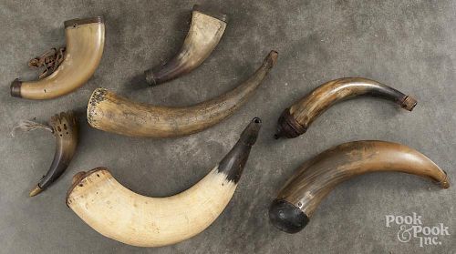 Six powder horns, 19th/20th c., to include on with a repeating compass flowers, largest - 13 1/2'' l.