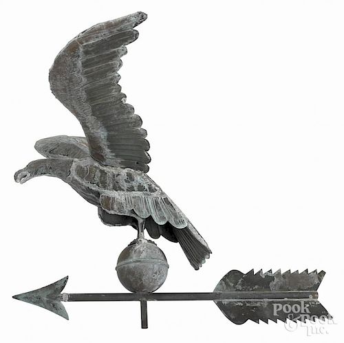 Swell-bodied copper eagle weathervane and arrow, ca. 1900, arrow - 25'' l.