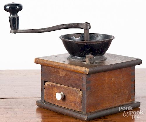 Pine and iron coffee grinder, 19th c., 8 3/4'' h.