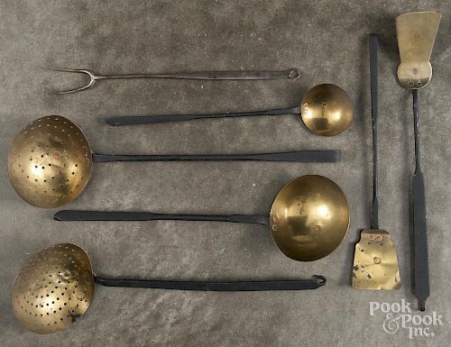 Wrought iron and brass long handled utensils, 19th c., longest - 18''.