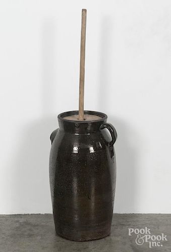 Four-gallon stoneware churn, 19th c., probably southern, with green glaze, 18 1/2'' h.