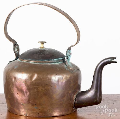 Philadelphia copper tea kettle, ca. 1800, stamped WM. Gilbert Philada 5, 11'' h.