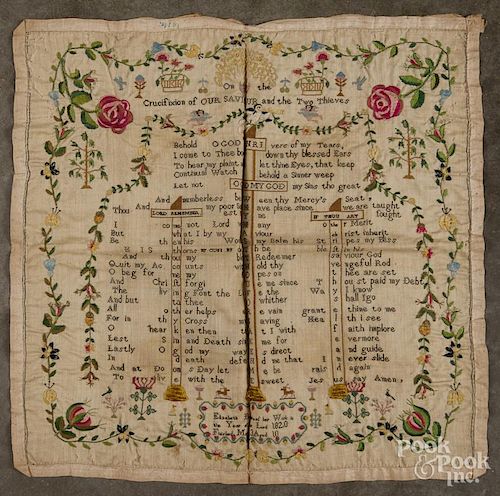 English needlework sampler, inscribed Elizabeth Broomhead her work in the year of our Lord 1820