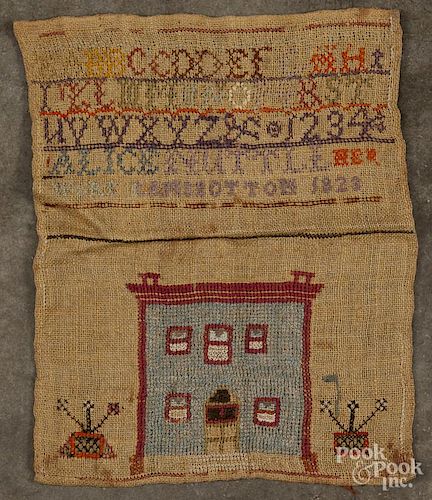 Needlework sampler, inscribed Alice Nuttle her work 1823, with a house flanked by potted flowers