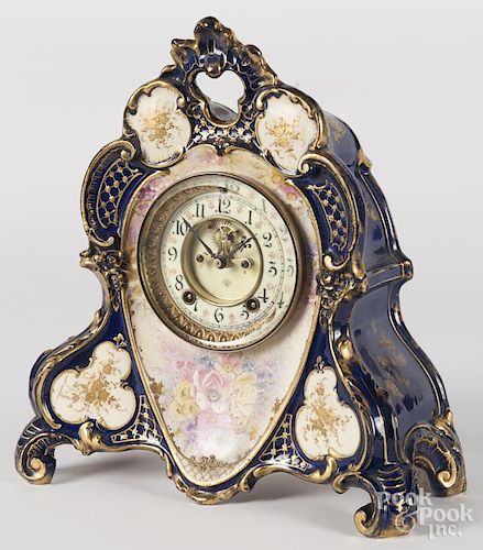 Royal Bonn porcelain mantel clock with Ansonia works, 13 1/2'' h.