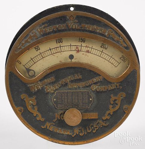 Weston Electrical Voltometer, 6 1/2'' dia., together with a Union Iron Works pressure gauge, 4'' dia.