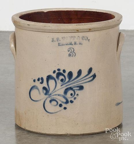 New Hampshire three-gallon stoneware crock, 19th c., impressed J.S. Taft & Co. Keene N.H.