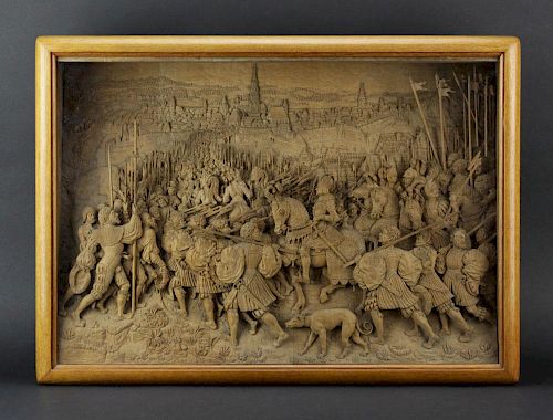 F. Unterberger, Austrian (19th Century) Wood Carving "Entry of Maximilian into Vienna" in Shadowbox Frame. Includes plaque with provenance.