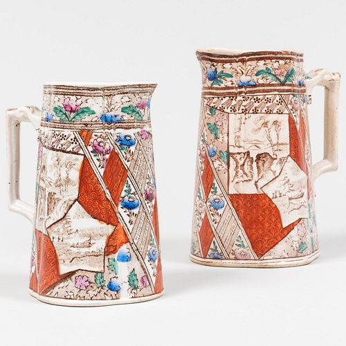 Pair of English Transfer Printed and Enriched Pitchers