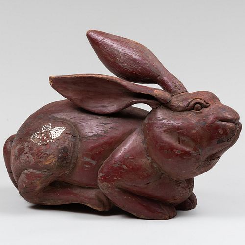 Asian Polychromed Wood Model of a Rabbit