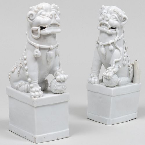 Pair of Chinese White Glazed Porcelain Buddhistic Lion Joss Stick Holders