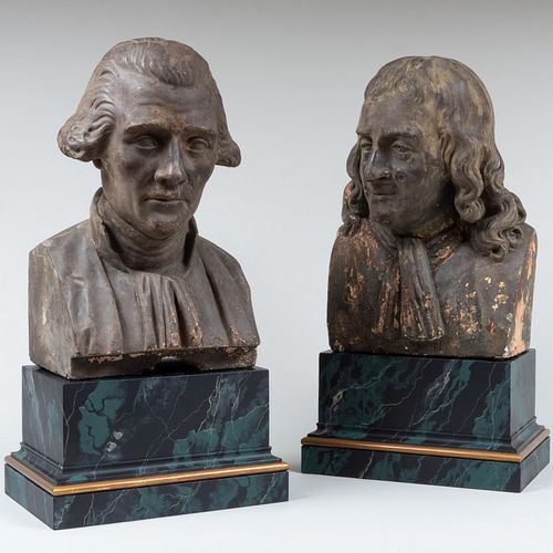 Two Painted Plaster Busts of Newton and Vaughan on Faux Marble Bases