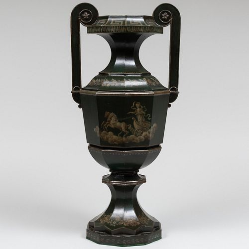 Large English TÃ´le Urn with Painted Neoclassical Decoration