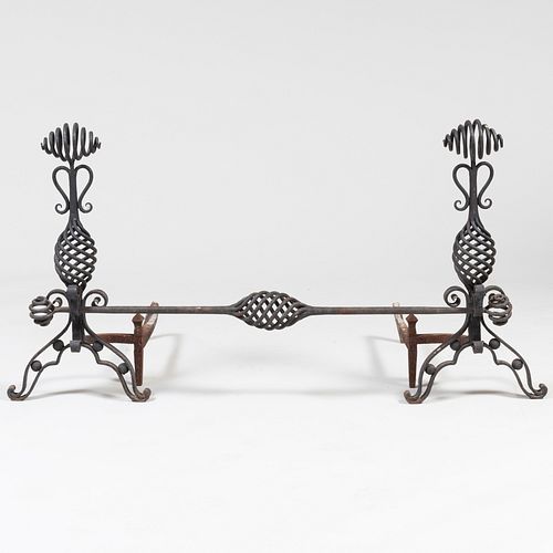 Pair of Wrought-Iron Andirons and a Matching Bar