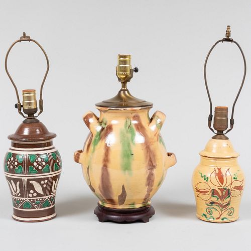 Three Earthenware Jars Mounted as Lamps