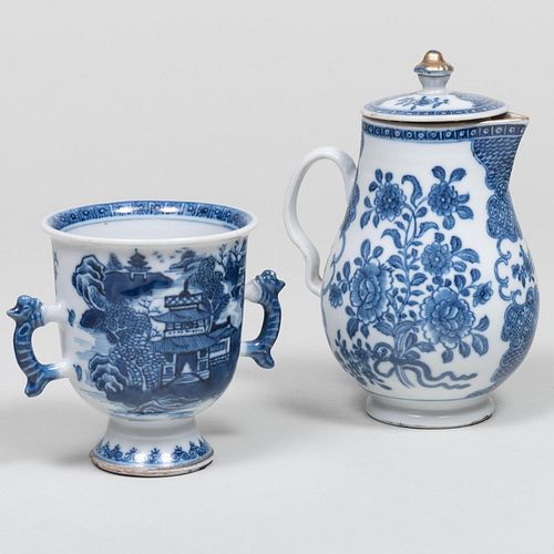 Chinese Export Blue and White Porcelain Cup and a Hot Milk Jug