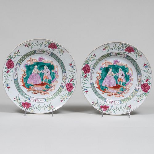 Rare Pair of Chinese Export Famille Rose Porcelain European Subject Chargers